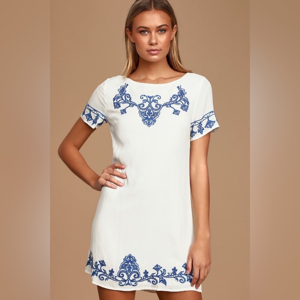 Lulus Tale to Tell Ivory Shift Dress Blue Embroidery